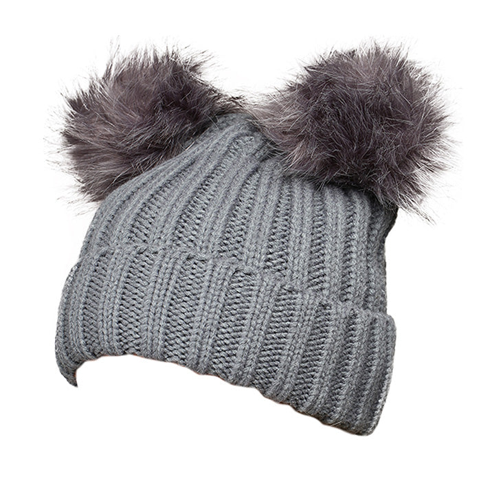 Double Fur Pom Pom Beanie Hat