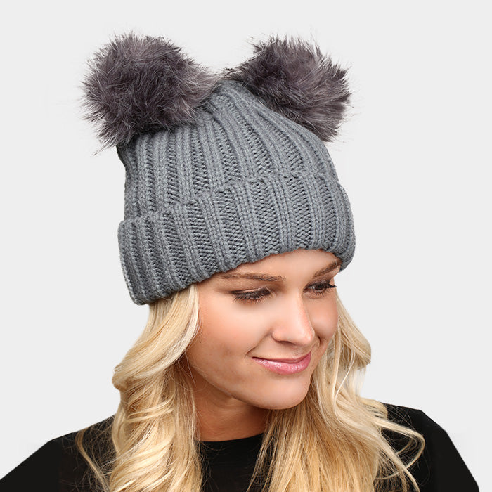 Double Fur Pom Pom Beanie Hat