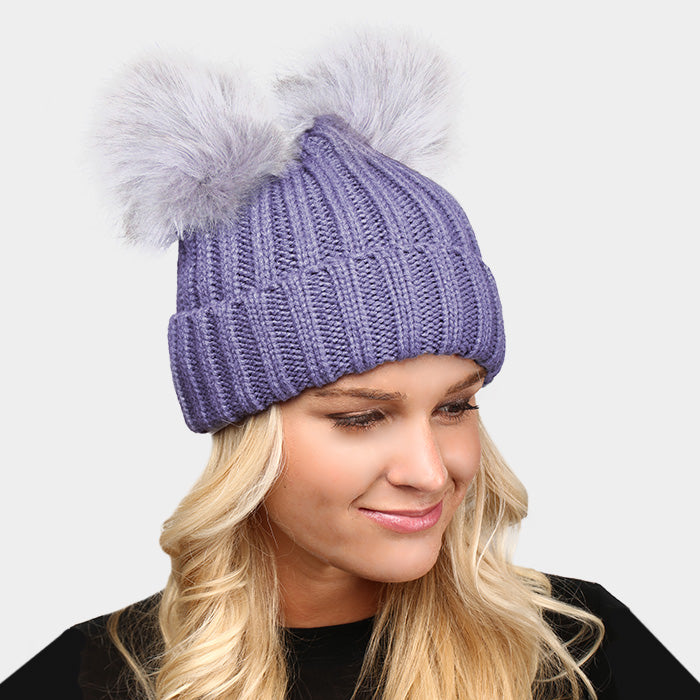Double Fur Pom Pom Beanie Hat