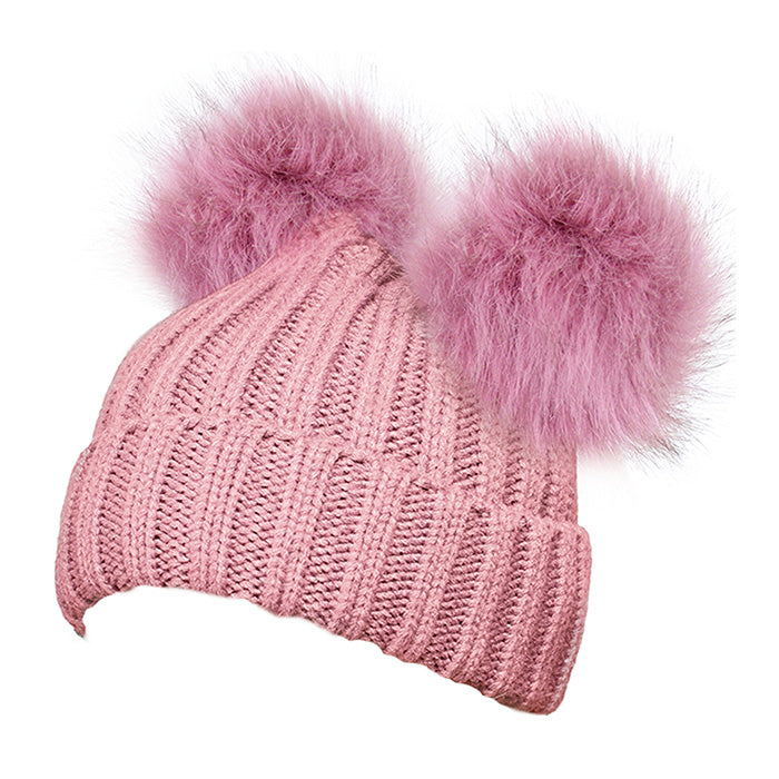 Double Fur Pom Pom Beanie Hat