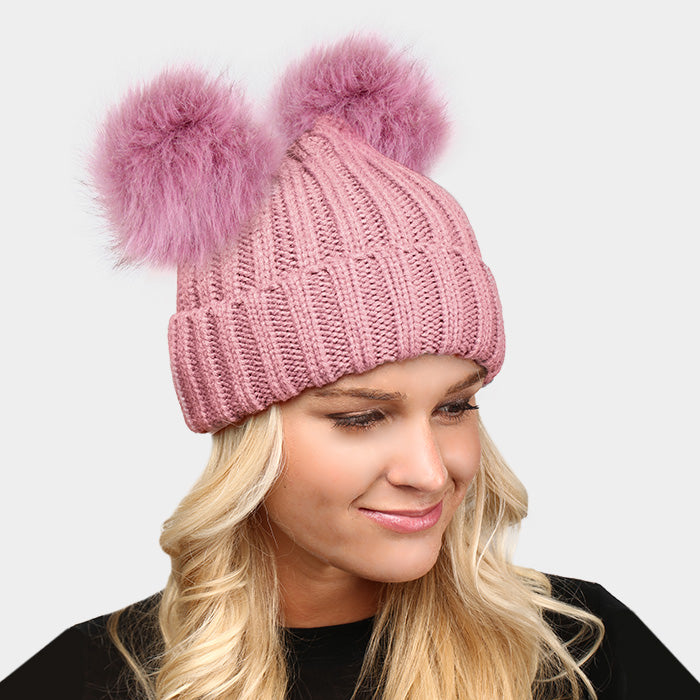 Double Fur Pom Pom Beanie Hat