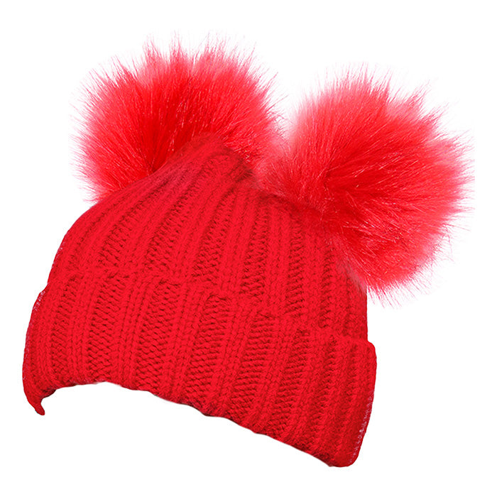 Double Fur Pom Pom Beanie Hat