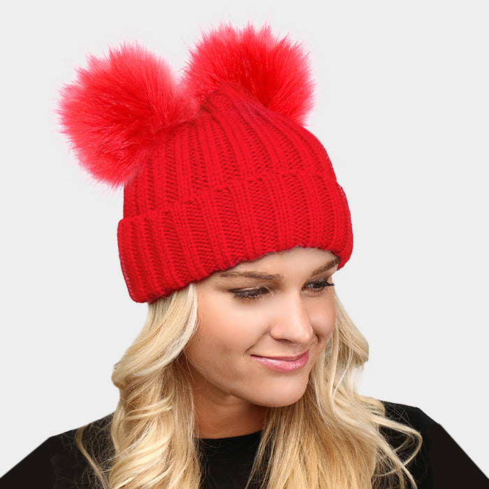 Double Fur Pom Pom Beanie Hat