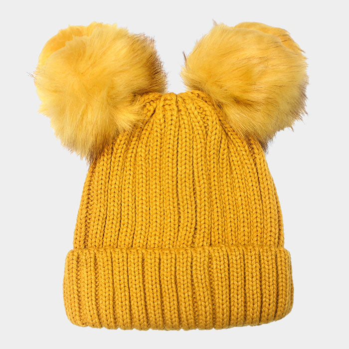 Double Fur Pom Pom Beanie Hat