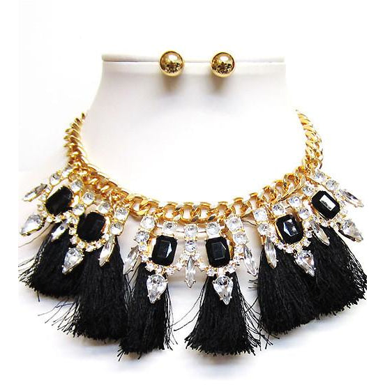 CRYSTAL AND FABRIC TASSEL NECKLACE SET
