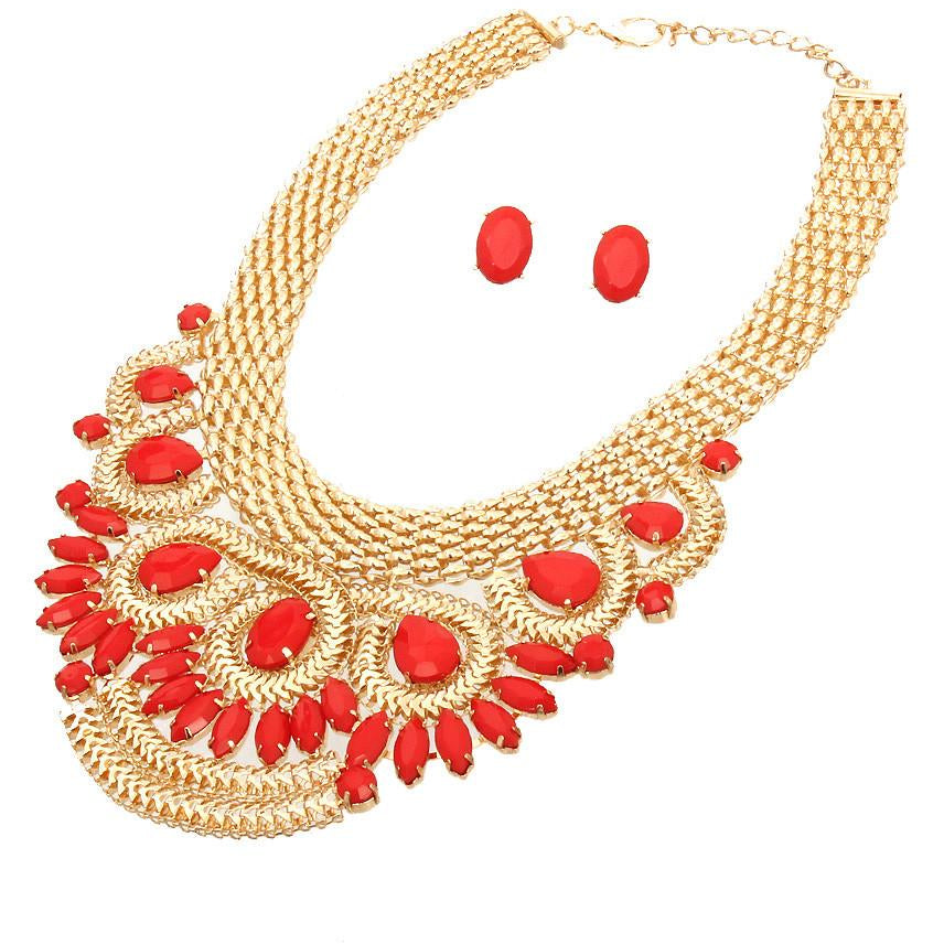 Gold Accent Stone Bib Necklace & Earring Set