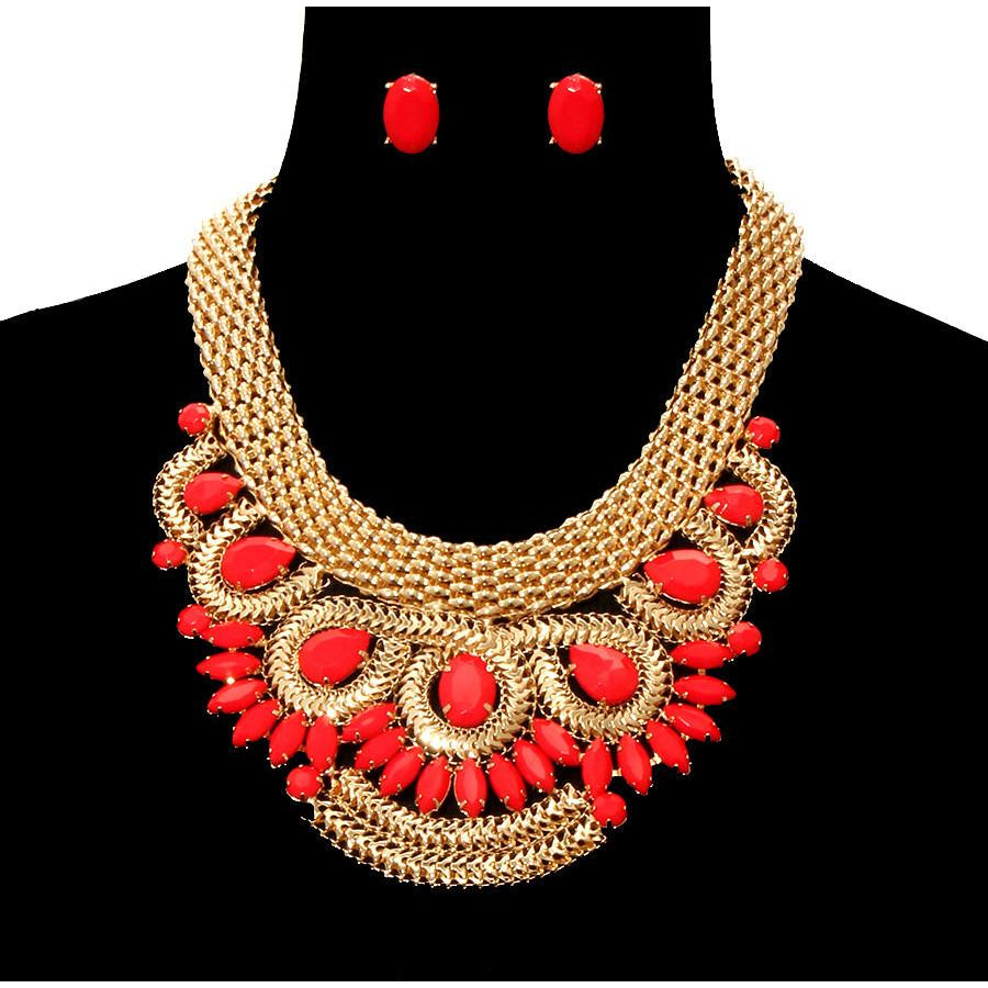 Gold Accent Stone Bib Necklace & Earring Set
