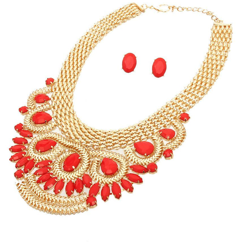 Gold Accent Stone Bib Necklace & Earring Set