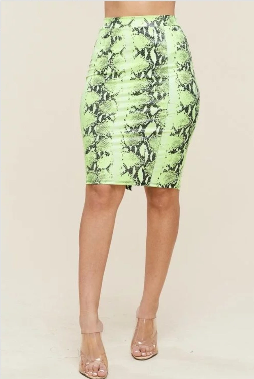 Faux Leather Neon Snake Print Skirt