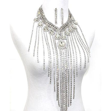 Rhinestone Teardrop Fringe Necklace Set