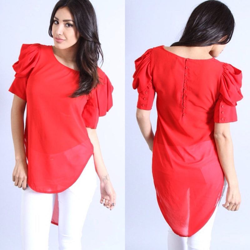 Ruffled Sleeve Chiffon Blouse (Red)