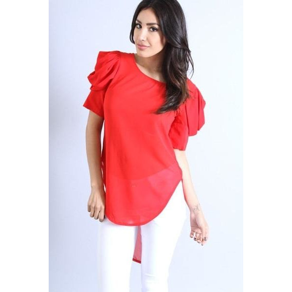 Ruffled Sleeve Chiffon Blouse (Red)