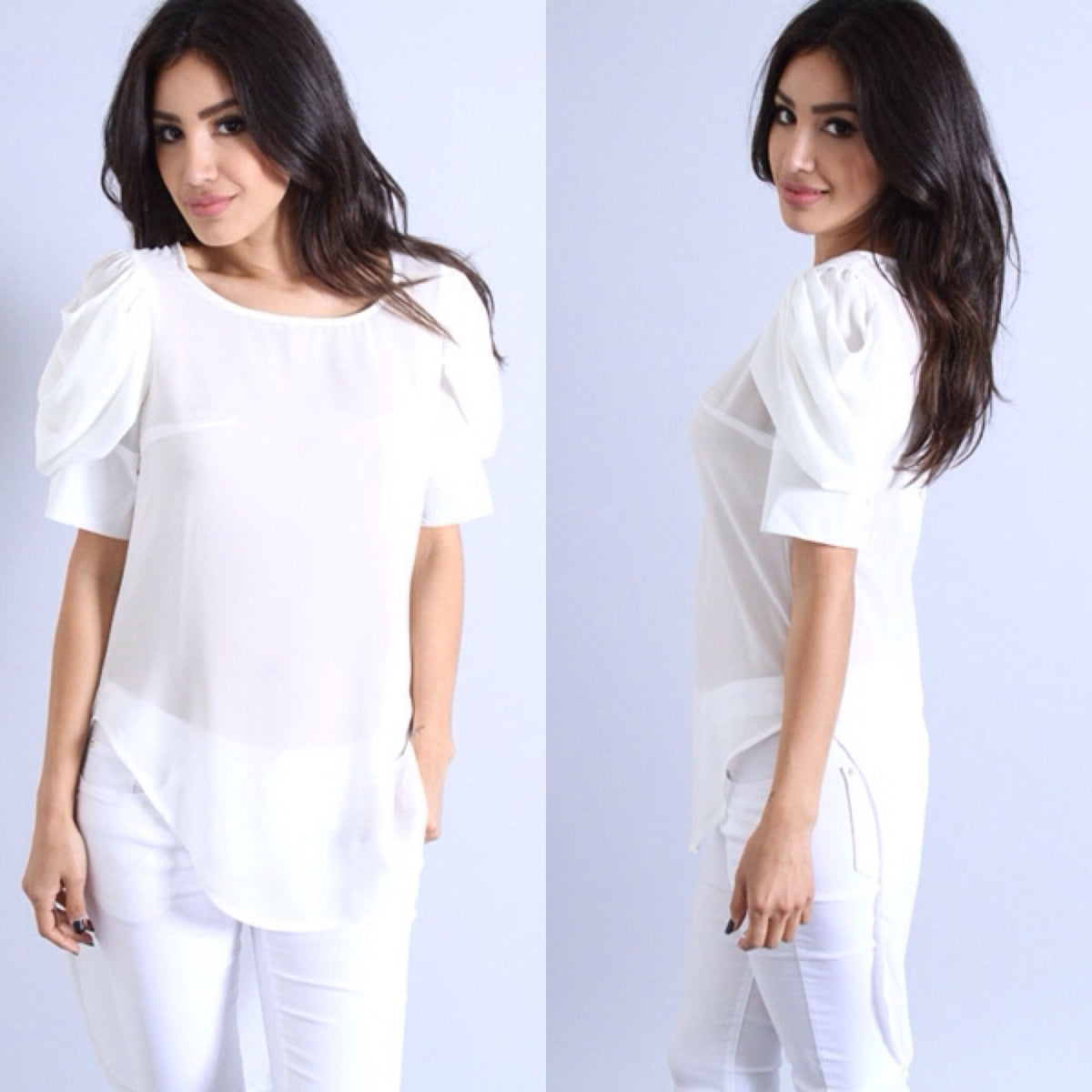 Ruffled Sleeve Chiffon Blouse (White)